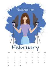 Vector calendar 2018 February. Illustration of beautiful make up artist with professional brushes in hands, ready to do the make up for photoshoot.