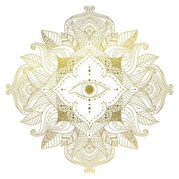 Hand drawn golden mandala with eye inside flower, and leaves in boho style. Isolated decorative ethnic asian element for a mehndi tattoo, stickers, yoga or clothes design. Vector art.