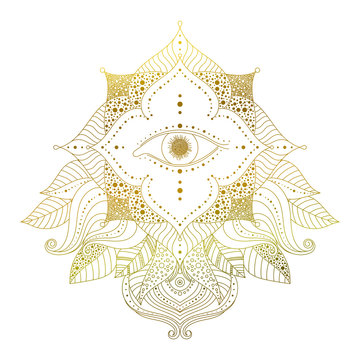 Hand drawn golden eye mehendi pattern. Isolated spiritual sacred decorative element in boho ethnic style for mehndi tattoo, stickers, yoga or clothes design. Vector art.