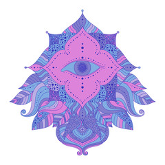 Mystic symbol - seeing eye in floral frame, pink and blue, violet colored. Psychedelic, esoteric theme. Vector isolated decorative element for clothes design, posters, stickers.