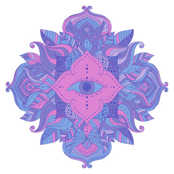 Mystic mandala - seeing eye in floral frame, pink and blue, violet colored. Psychedelic, esoteric theme, magical symbol. Vector isolated decorative element for clothes design, posters, stickers.
