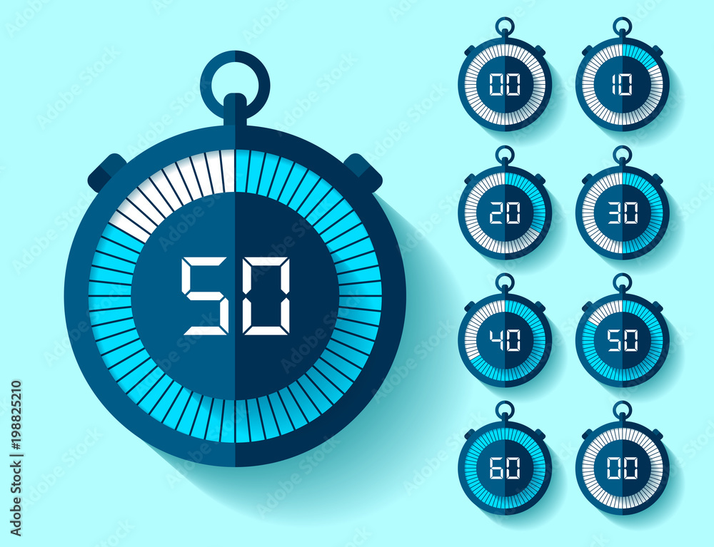 Poster stopwatch icons set in flat style from 0 to 60, timers on blue background. sport speed clock. vector