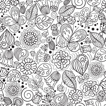 Vector seamless texture made of natural elements. Pattern of flowers, leaves and butterflies stylized in folk style