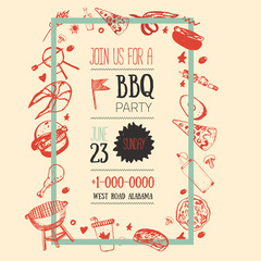 Barbecue Flyer Template for your party with grunge icons and frame. BBQ vintage grill background.
