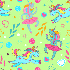 Naklejka na ściany i meble Seamless pattern of cute cartoon unicorns, stars, hearts, circles, plants on green background. Vector illustration.