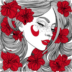 
vector beautiful girl in profile face, black and white, coloring, ornament, with bright scarlet lipstick and red flowers hibiscus in lush hair 