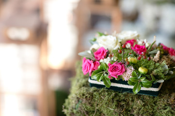 ring pad. table setting. Wedding decor in the magic forest for a loving couple. Pink and green colors.