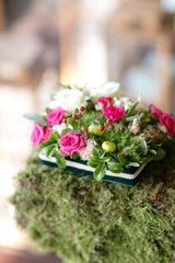 ring pad. table setting. Wedding decor in the magic forest for a loving couple. Pink and green colors.