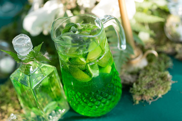 forest decor. Lemonade pitcher with lime, mint and ice on table