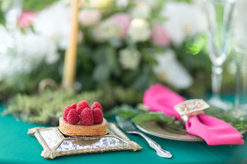 Raspberry dessert. table setting. Wedding decor in the magic forest for a loving couple. Pink and green colors.