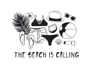 Hand drawn summer pattern. Tropical vector background. Artistic doddle drawing. Creative ink art work. Fashion illustration season objects