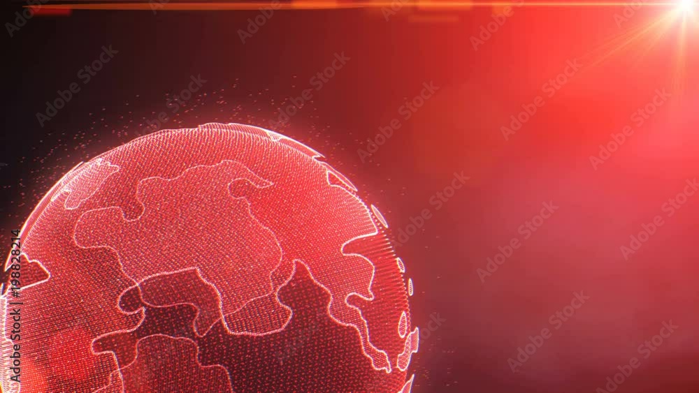 Poster Earth Rotating Hi Technology Scifi Graphic Animation. Abstract Virtual Futuristic Motion Spin Particle Layer Globe In Galaxy Space With Red Sun Flare Future Communication Idea Concept Design.