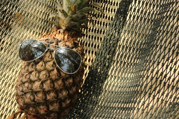 A pineapple with a sunglasses lying on a hammock