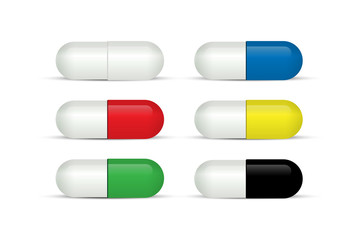 Different color capsule pills isolated on white background. Vector illustration.