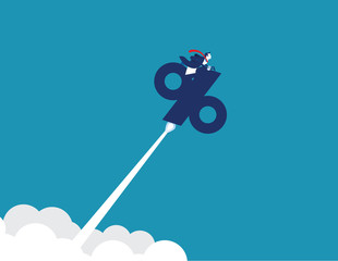 Businessman riding percent sign as rocket. Concept business interest rate vector illustration.