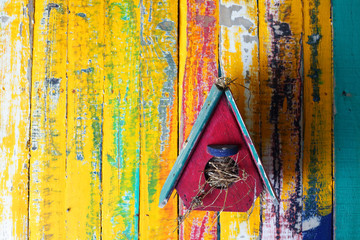 colorful wooden birdhouse with grunge wooden panel background.