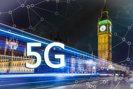 Digital composite of 5G with London night lights on the background.5G world summit event, High speed mobile web technology concept in London. - Powered by Adobe