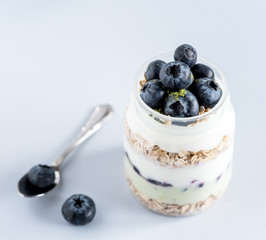 Serving of Yogurt with Whole Fresh Blueberries Oatmeal and Matcha Powder Healthy Diet Food Breakfast Square