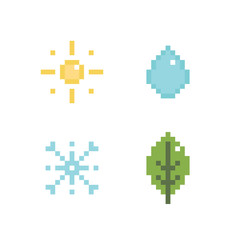 Sun, leaf, water drop and snowflake pixel seasonal icons isolated on white background.