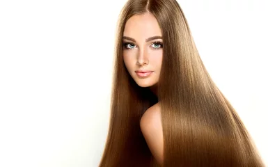 Photo sur Plexiglas Salon de coiffure Beautiful model girl with shiny blonde straight long hair . Care and hair products . 