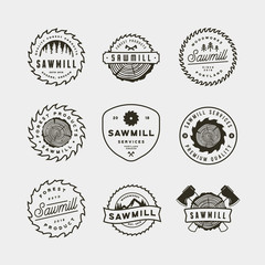 set of sawmill logos. retro styled woodwork emblems. vector illustration - obrazy, fototapety, plakaty
