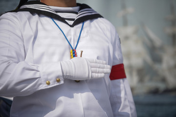 A Romanian military sailor takes part at the ceremonies during the Romanian Navy Day