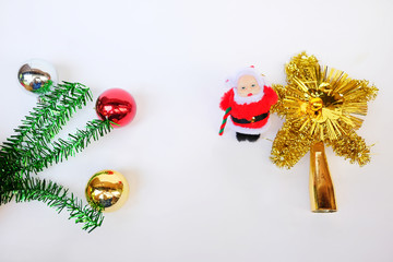 Christmas decorations isolate on white background. Winter time and New Year card concept. Composition of Christmas tree decor.Copy space