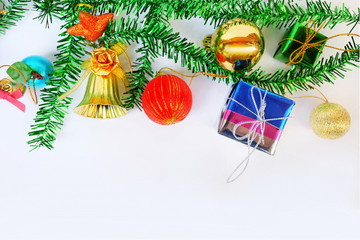 Christmas decorations isolate on white background. Winter time and New Year card concept. Composition of Christmas tree decor.Copy space