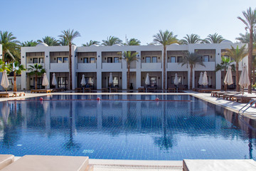 Beautiful swimming pool in the yard of luxurious hotel in Egypt