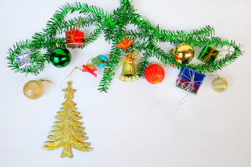 Christmas decorations isolate on white background. Winter time and New Year card concept. Composition of Christmas tree decor.Copy space