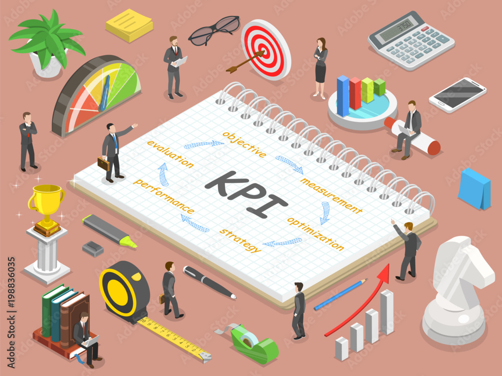 Poster key performance indicator flat isometric vector concept. renders major kpi points as following objec