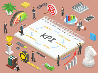 Key performance indicator flat isometric vector concept. Renders major KPI points as following objective, measurement, optimization, strategy, performance, evaluation.