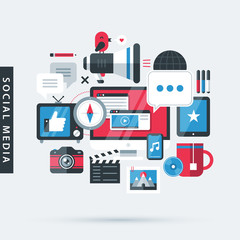 Modern illustration about social media in flat design style on gray background. Desktop computer, TV, phone, camera, tablet etc.