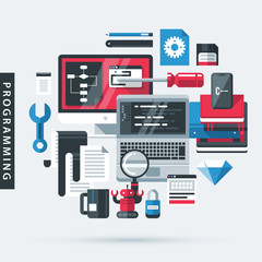 Modern illustration about programming in flat design style on gray background. Desktop computer, laptop, books, tools