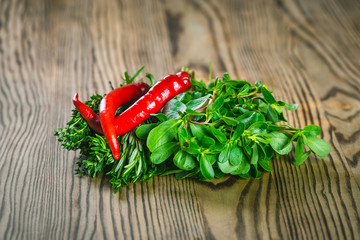 Bunches of fresh herbs thyme, salad and rosemary, red chili peppers on wooden board
