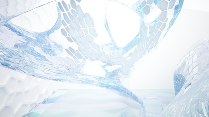 Abstract white and blue water parametric interior with window. 3D illustration and rendering.