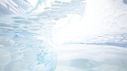 Abstract white and blue water parametric interior with window. 3D illustration and rendering.