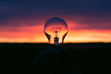 Silhouette of a hand holding lamb bulb on sunset