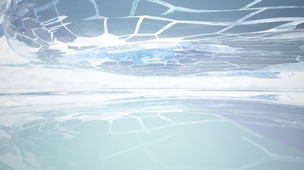 Abstract white and blue water parametric interior with window. 3D illustration and rendering.