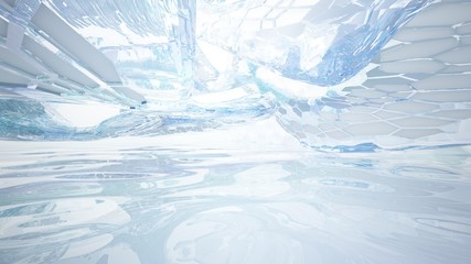 Abstract white and blue water parametric interior with window. 3D illustration and rendering.