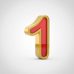 Gloosy red number 1 with golden outline isolated on white background.