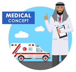 Medical concept. Detailed illustration of muslim doctor man in uniform on background with ambulance car in flat style. Vector illustration.