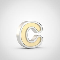 Gloosy golden letter C lowercase with silver outline isolated on white background.