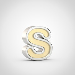 Gloosy golden letter S lowercase with silver outline isolated on white background.