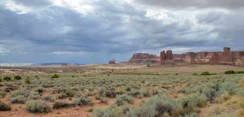 The Organ rock formation and Couthouse Wash along Arches Scenic Drive  Arches National Park, Moab, Grand County, Utah