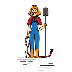 Outline happy gardener woman with a shovel and watering can on a white background. Farmer girl character. Agriculture and gardening