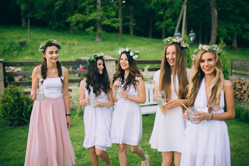 Girlfriends and bride celebrate hen party before the wedding