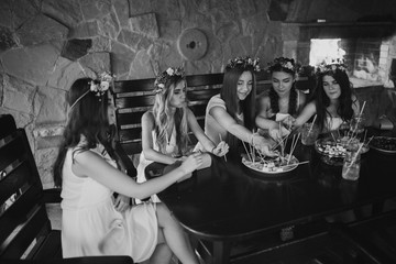 Fototapeta na wymiar Girlfriends and bride celebrate hen party before the wedding