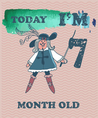 Vector baby milestone card for girl or boy.Today I'm 7  month old. Watercolor texture.