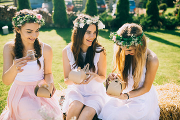 Fototapeta na wymiar Girlfriends and bride celebrate hen party before the wedding